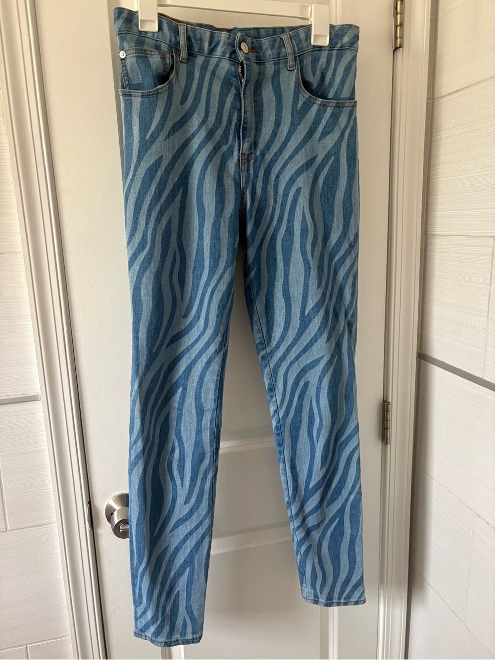 Just Cavalli Blue Zebra-Print Slim Straight Jeans